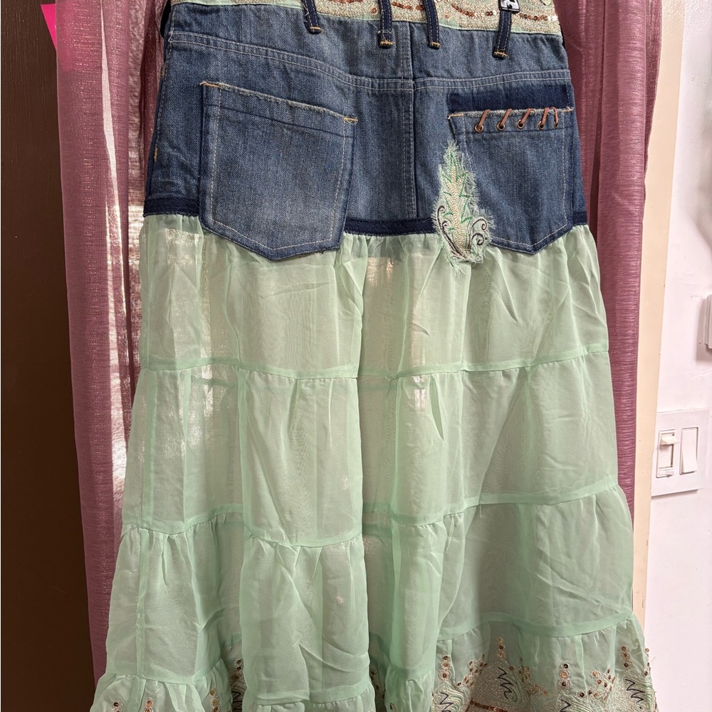 Vintage Y2K Fairycore Denim + Mint Green Midi Skirt - Picture 7 of 7